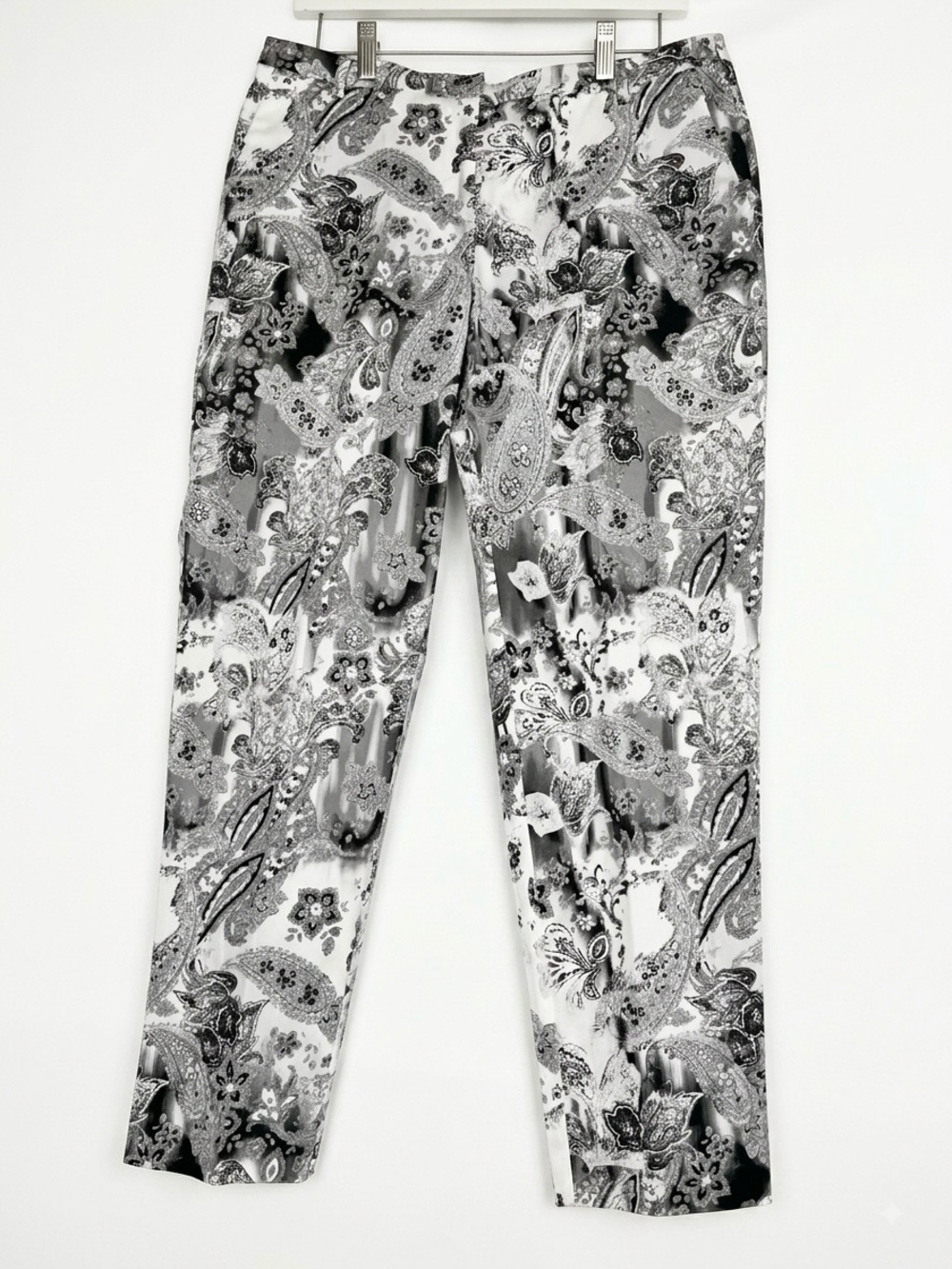 Essentials by Sioni Black Gray Paisley Pants Pockets Tailored Career Boho 8 EUC